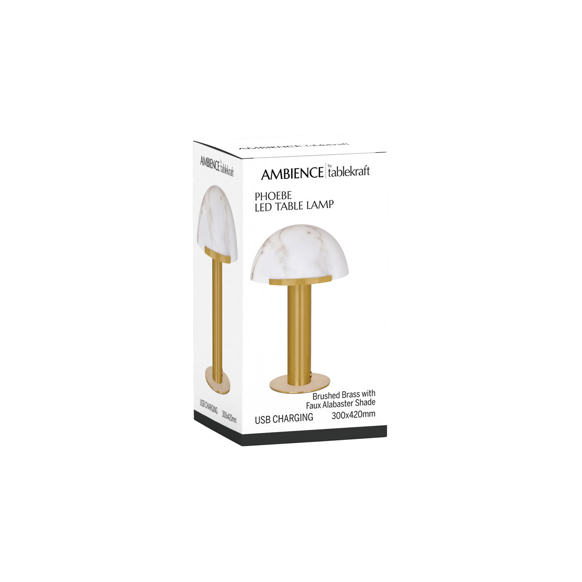 1000210 Tablekraft Phoebe Cordless LED Table Lamp Brass with Alabaster Shade 300x420mm Tomkin Australia Hospitality Supplies