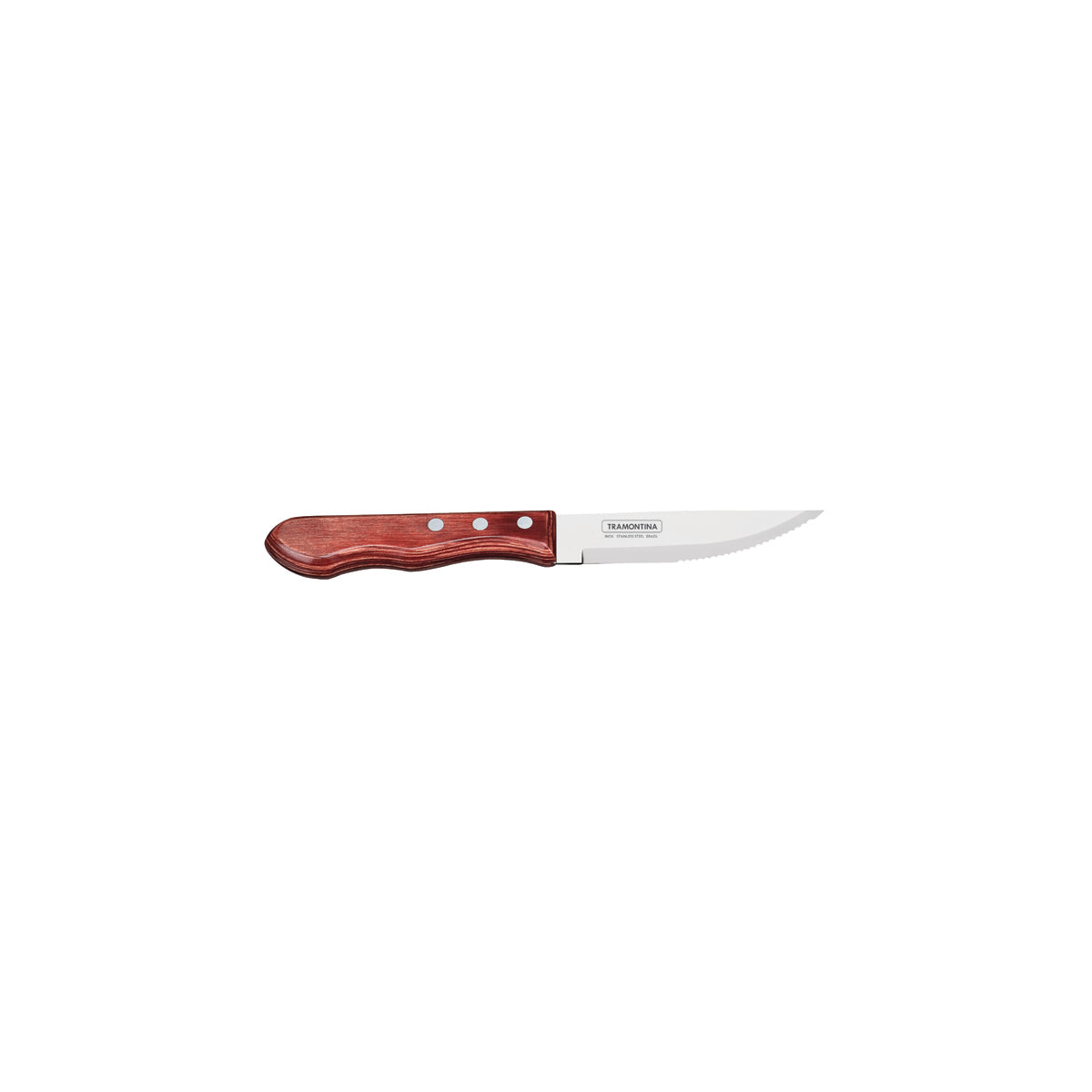 TM38299/001 Tramontina Churrasco Steak Knife Jumbo Serrated Wide Blade with Polywood Handle Red 127mm with Reverse Logo Tomkin Australia Hospitality Supplies
