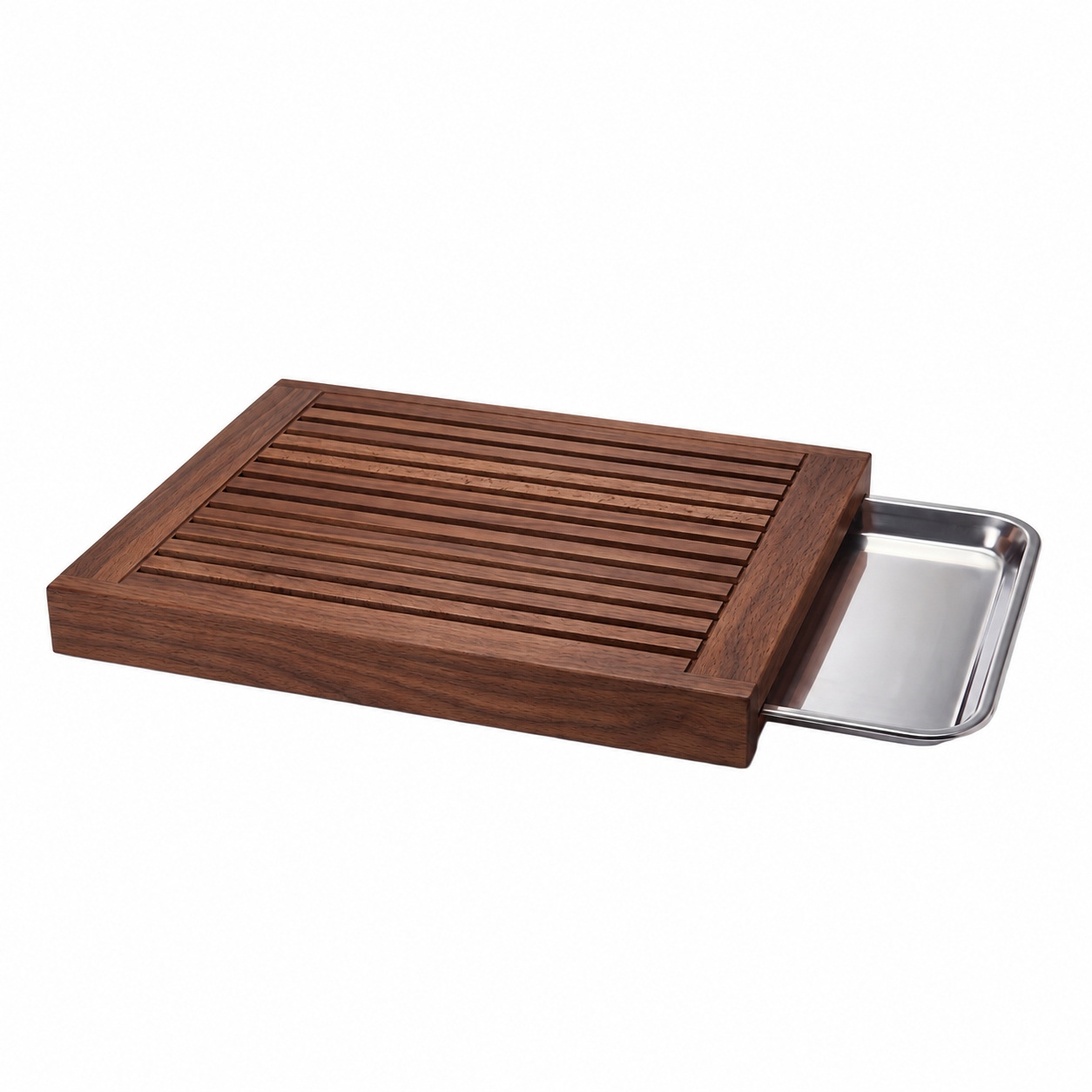 Serve Walnut Bread Board with Stainless Steel Tray 440x330x45mm