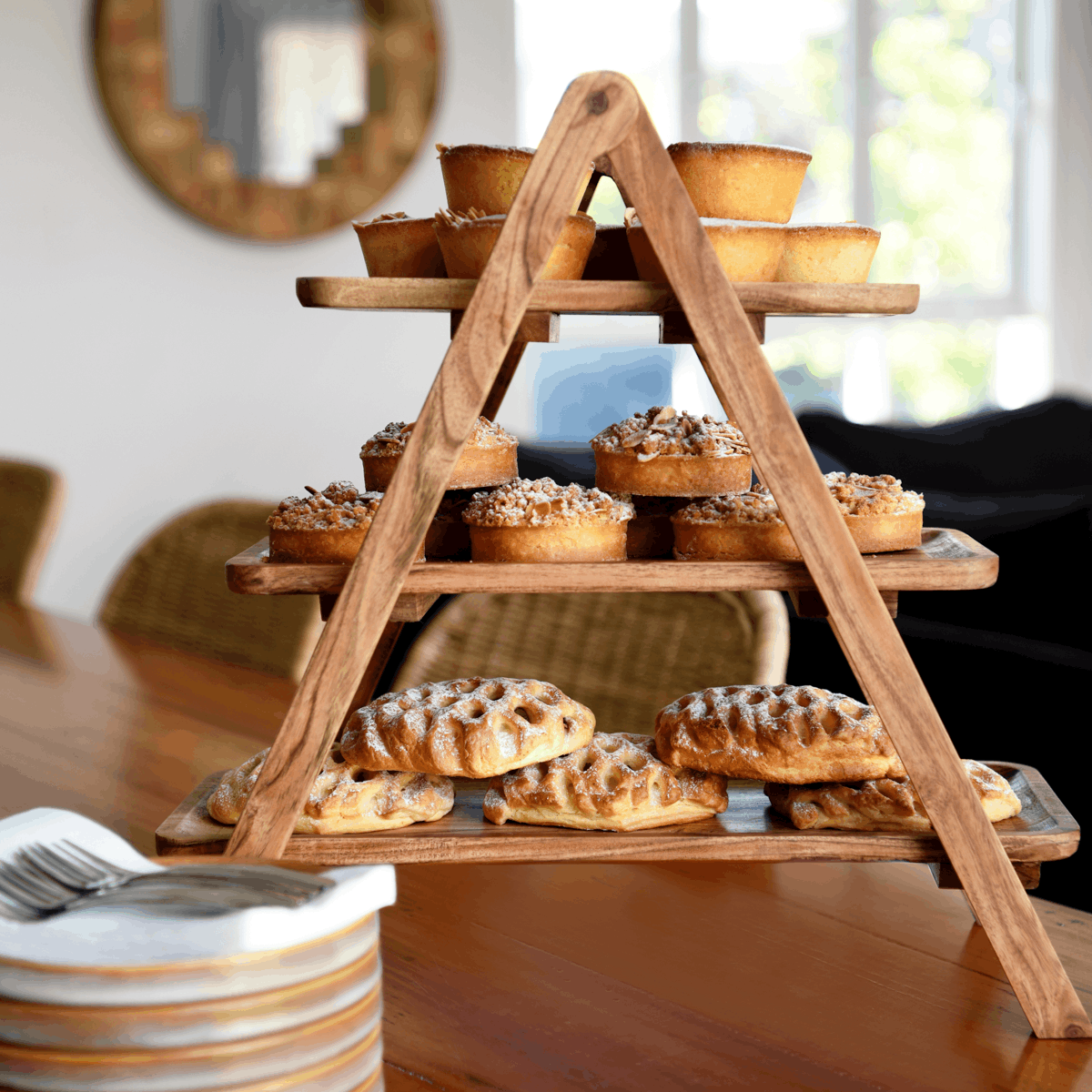 04754 Chef Inox Serve Acacia 3-Tier Display Stand 460x240x460mm Tomkin Australia Hospitality Supplies