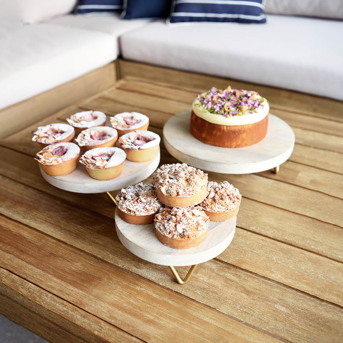 04742 Chef Inox Serve Acacia Round Display Stand Brass Legs 200x90mm Tomkin Australia Hospitality Supplies