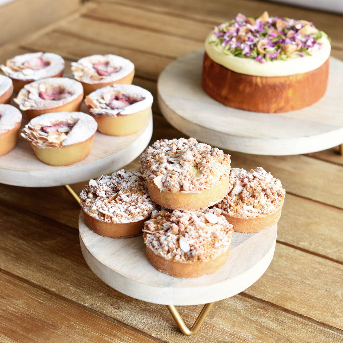 04743 Chef Inox Serve Acacia Round Display Stand Brass Legs 254x90mm Tomkin Australia Hospitality Supplies