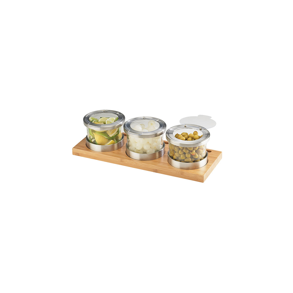 CM1850-4-60HL Cal-Mil Bamboo Mixology 3 Jar Holder with Hinge Lid 406x152x102mm Tomkin Australia Hospitality Supplies