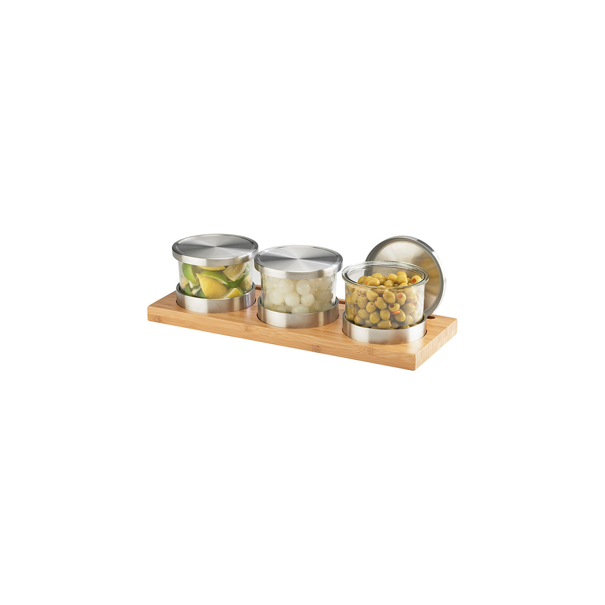 CM1850-4-60 Cal-Mil Bamboo Mixology 3 Jar Holder with Stainless Steel Lid 406x152x102mm Tomkin Australia Hospitality Supplies