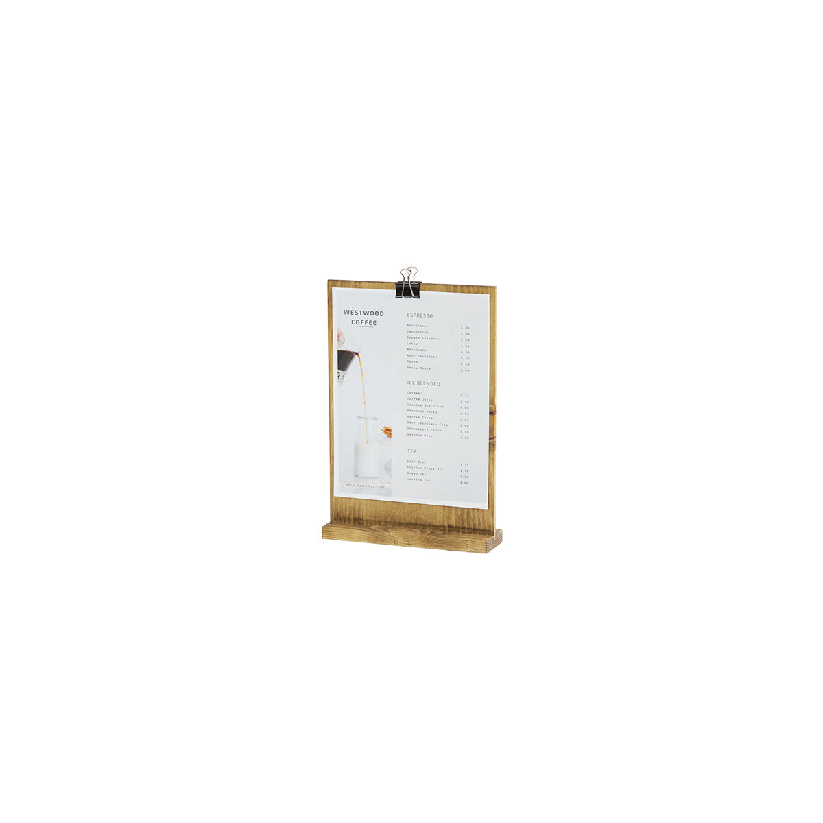 CM2036-811-99 Cal-Mil Madera Menu / Sign Holder with Clip 216x279mm Tomkin Australia Hospitality Supplies