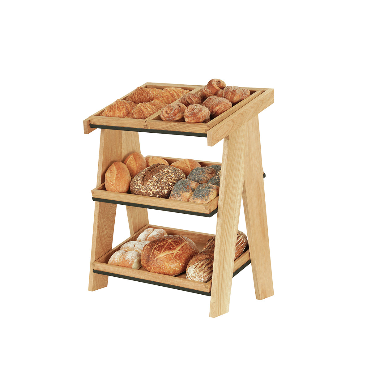 CM23138-3-21 Cal-Mil Sydney Oak A-Frame Merchandisers With 2 Tier 591x330x705mm Tomkin Australia Hospitality Supplies