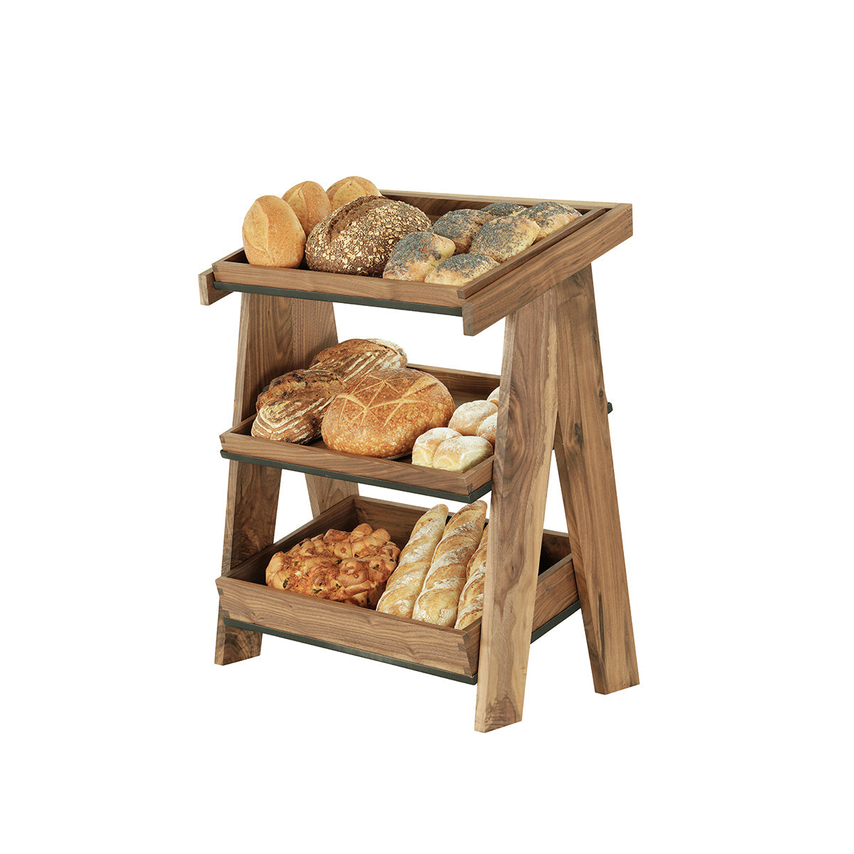 CM23138-3-78 Cal-Mil Sydney Walnut A-Frame Merchandisers With 2 Tier 591x330x705mm Tomkin Australia Hospitality Supplies