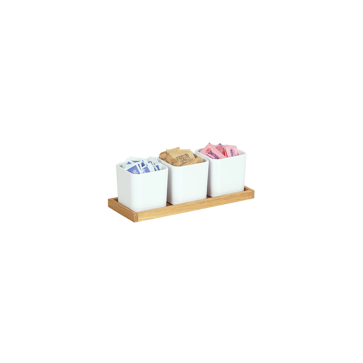 CM23206-21 Cal-Mil Sydney Oak Square Jar Displays Includes 3 White Melamine Jars 324x127x114mm Tomkin Australia Hospitality Supplies