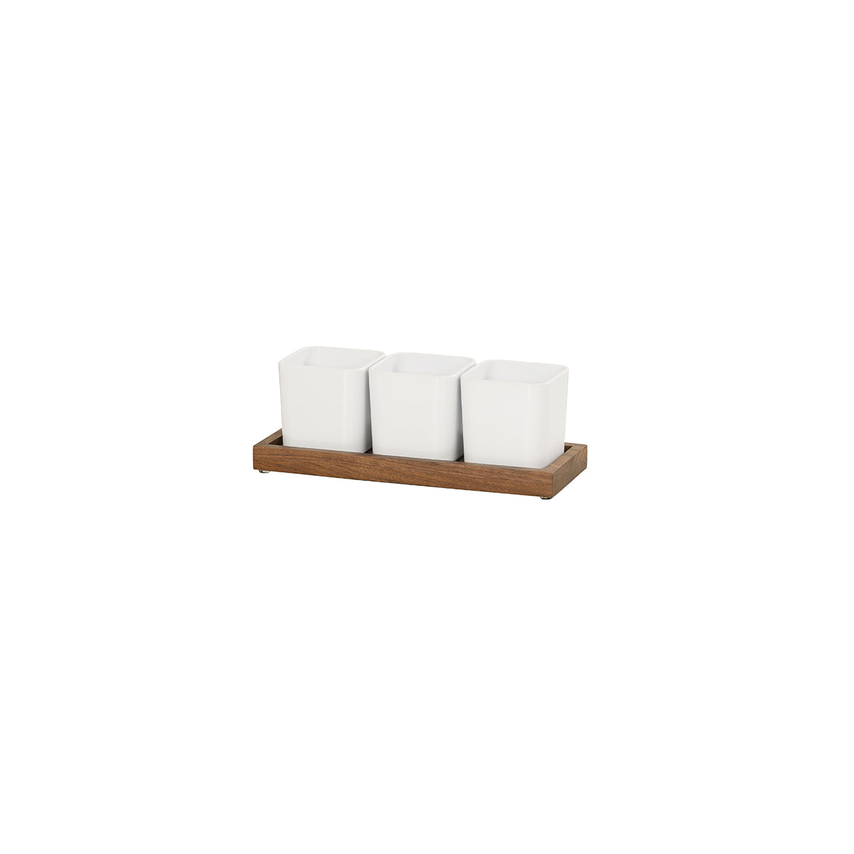 CM23206-78 Cal-Mil Sydney Walnut Square Jar Displays Includes 3 White Melamine Jars 324x127x114mm Tomkin Australia Hospitality Supplies