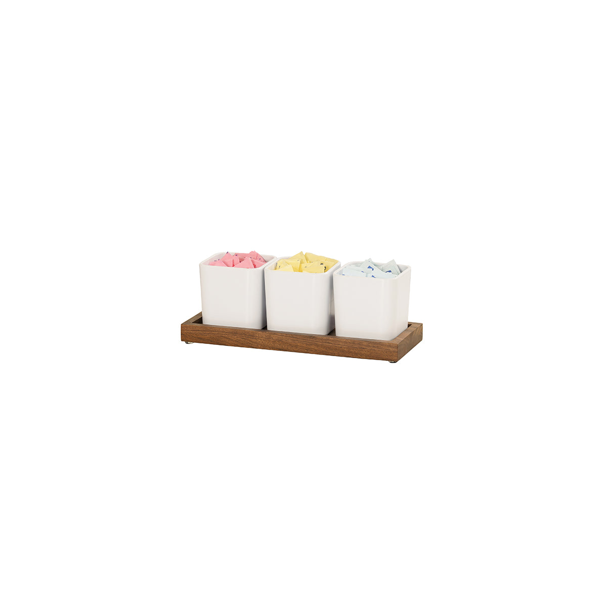 CM23206-78 Cal-Mil Sydney Walnut Square Jar Displays Includes 3 White Melamine Jars 324x127x114mm Tomkin Australia Hospitality Supplies