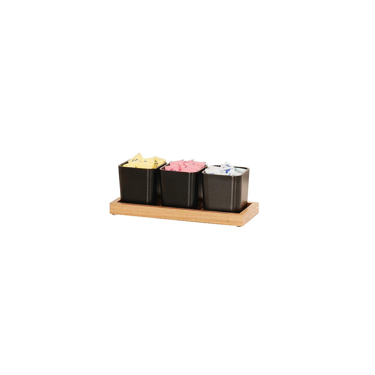 CM23207-21 Cal-Mil Sydney Oak Square Jar Displays Includes 3 Black Melamine Jars 324x127x114mm Tomkin Australia Hospitality Supplies