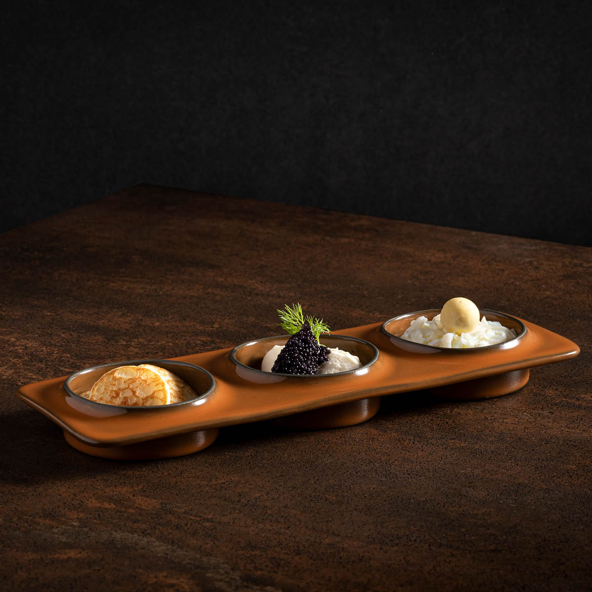 300115 Costa Nova Âmbar Dark Caramel Rectangular 3 Section Tray 280x99mm Tomkin Australia Hospitality Supplies