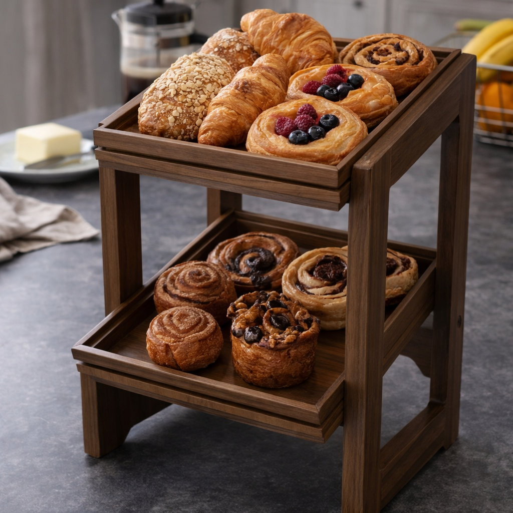 CRASTERBURS011 Craster Craster Flow Walnut Two Tier Stand 1/2 Size with 2 CRASTERBUFF012 Trays 309x323x441mm Tomkin Australia Hospitality Supplies