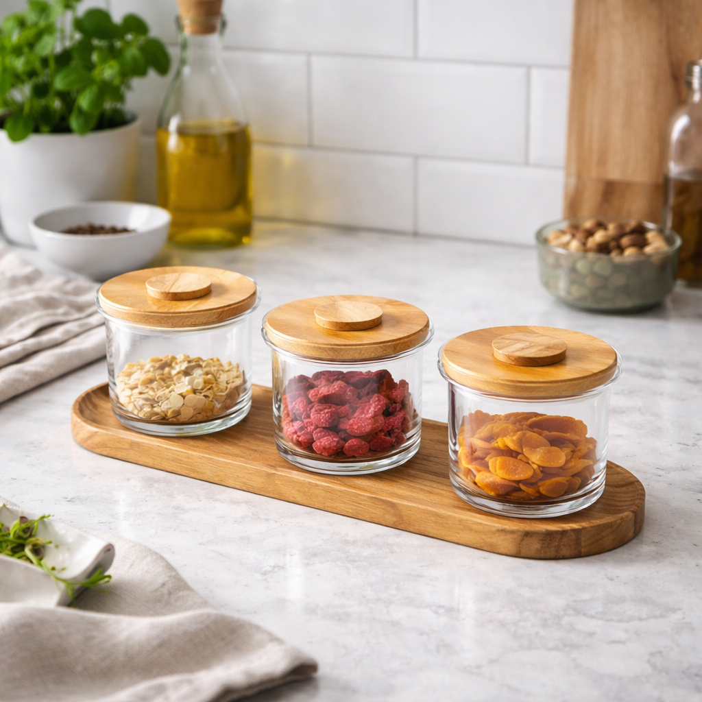 Craster Tilt Oak Mini Glass Jar Set 3Pc with Base And Lids 125x95mm / 500ml