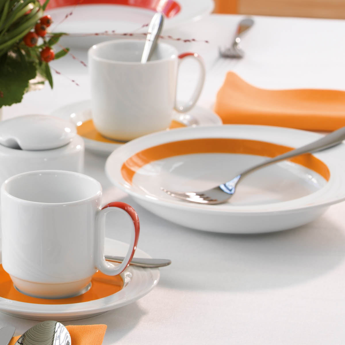 SH9182740/62991 Donna Senior Decor Stackable Soup Cup with 2 Handles with Orange Band 108x66mm / 480ml Tomkin Australia Hospitality Supplies
