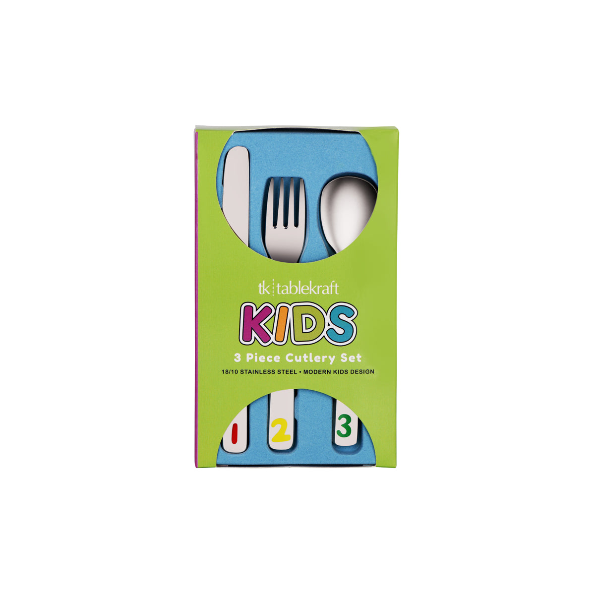 T690-5 Tablekraft Kids Cutlery Set 18/10 3pc 123 Design Packaging Tomkin Australia Hospitality Supplies