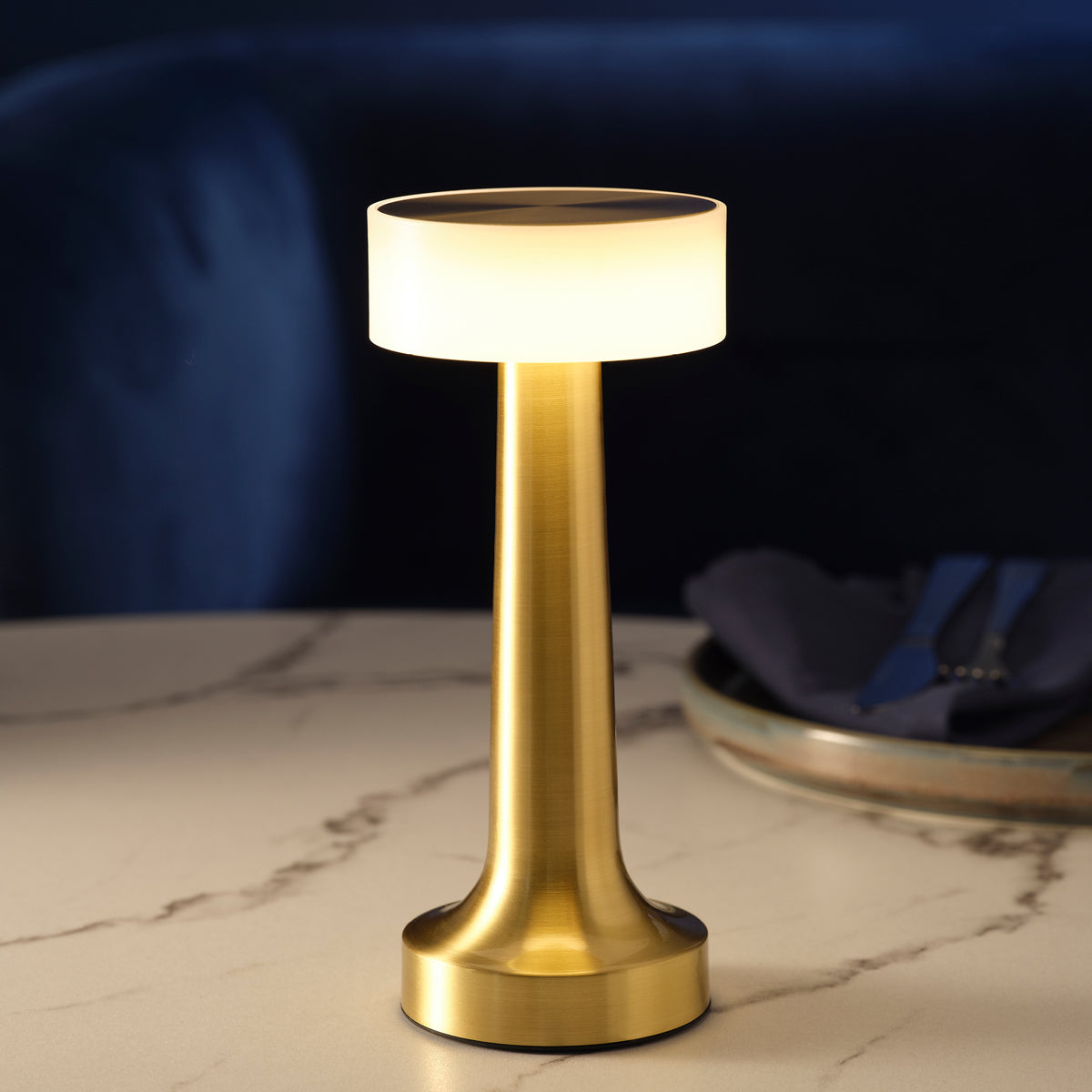 1000130 Tablekraft Ambience Aura Cordless LED Table Lamp Brushed Brass 90x205mm Tomkin Australia Hospitality Supplies