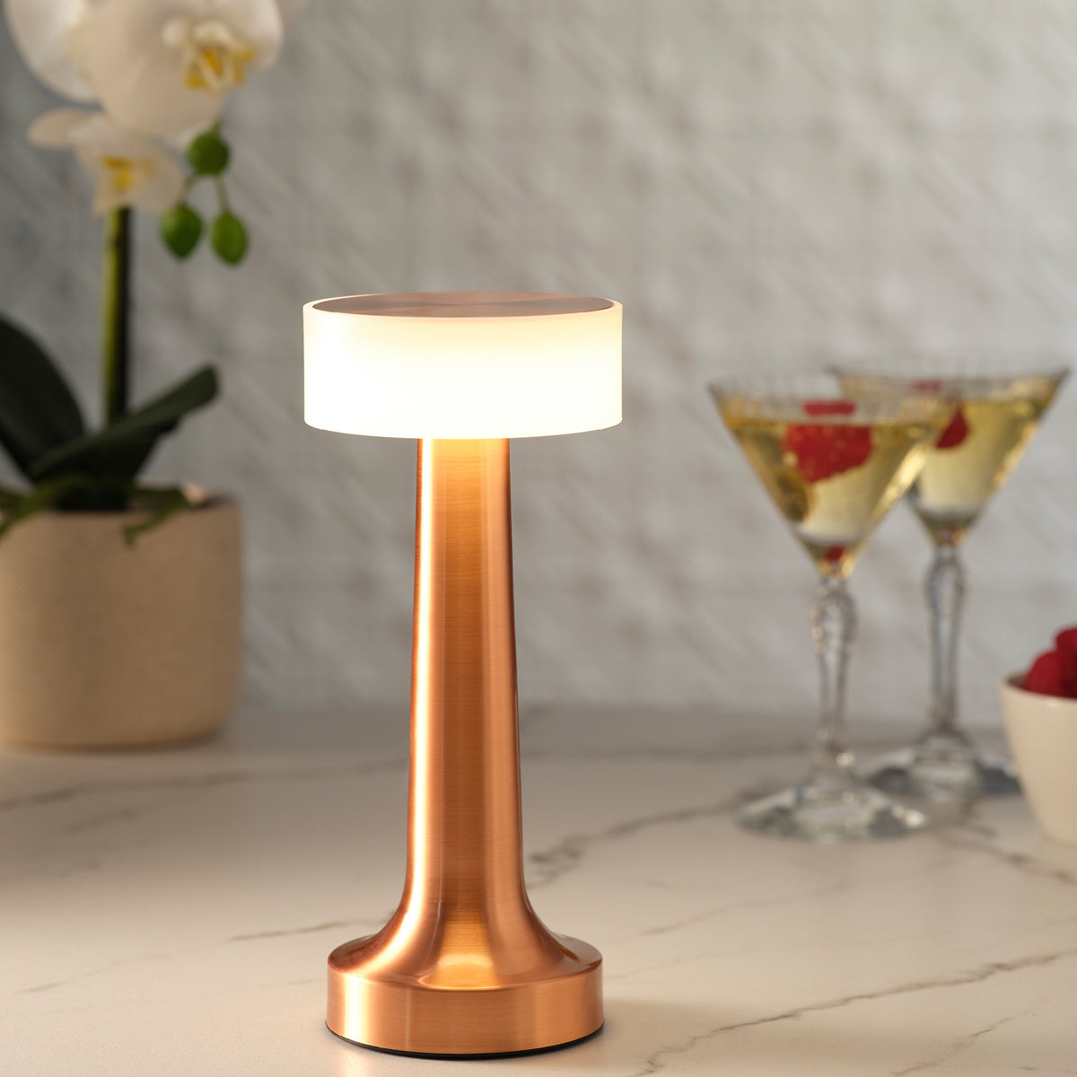 1000131 Tablekraft Ambience Aura Cordless LED Table Lamp Brushed Copper 90x205mm Tomkin Australia Hospitality Supplies