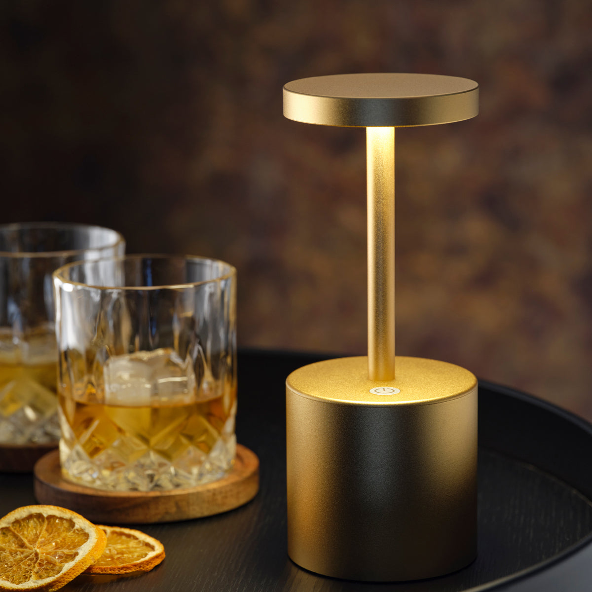 1000140 Tablekraft Ambience Charlotte Cordless LED Table Lamp Brushed Brass 80x200mm Tomkin Australia Hospitality Supplies