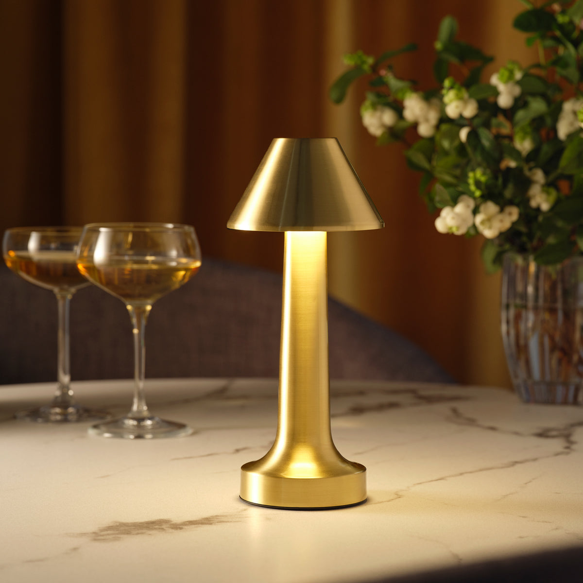 1000100 Tablekraft Ambience Helena Cordless LED Table Lamp Brushed Brass 97x220mm Tomkin Australia Hospitality Supplies