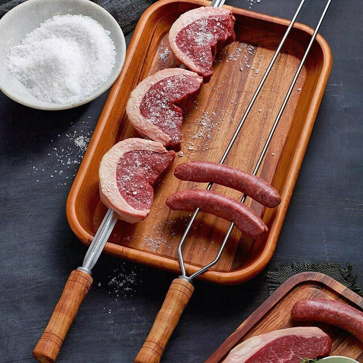 Heavy Duty Duel Prong Stainless Steel Skewer Wood Handle 750mm