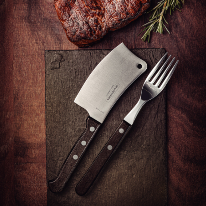 Churrasco Tomahawk Steak Knife Straight Wide Blade with Polywood Handle Brown 102mm