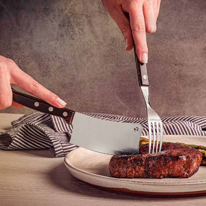 Churrasco Tomahawk Steak Knife Straight Wide Blade with Polywood Handle Brown 102mm