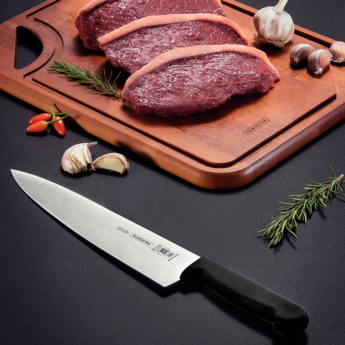 Tramontina Professional Master Black Chef's Knife Extra Wide with Straight Edge 200mm Lifestyle Tomkin Australia Hospitality Supplies