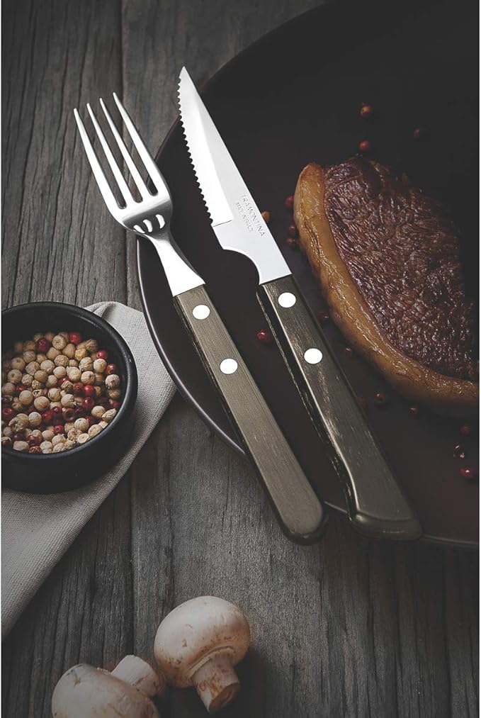 TM21109/094 Tramontina Churrasco Steak Knife Serrated Narrow Blade with Polywood Handle Brown 102mm Tomkin Australia Hospitality Supplies
