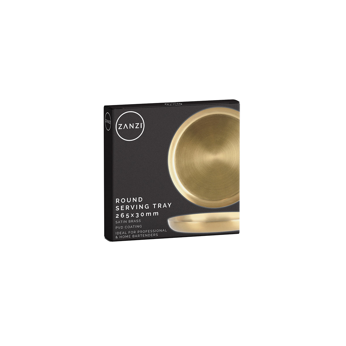 Z0020 Zanzi Round Serving Tray Satin Brass 265x30mm Packaging Tomkin Australia Hospitality Supplies