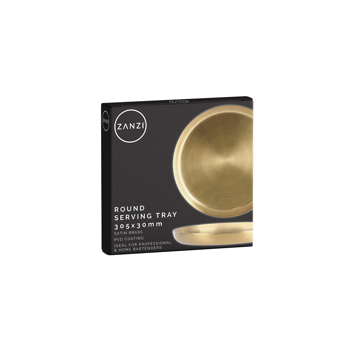 Z0021 Zanzi Round Serving Tray Satin Brass 305x30mm Packaging Tomkin Australia Hospitality Supplies