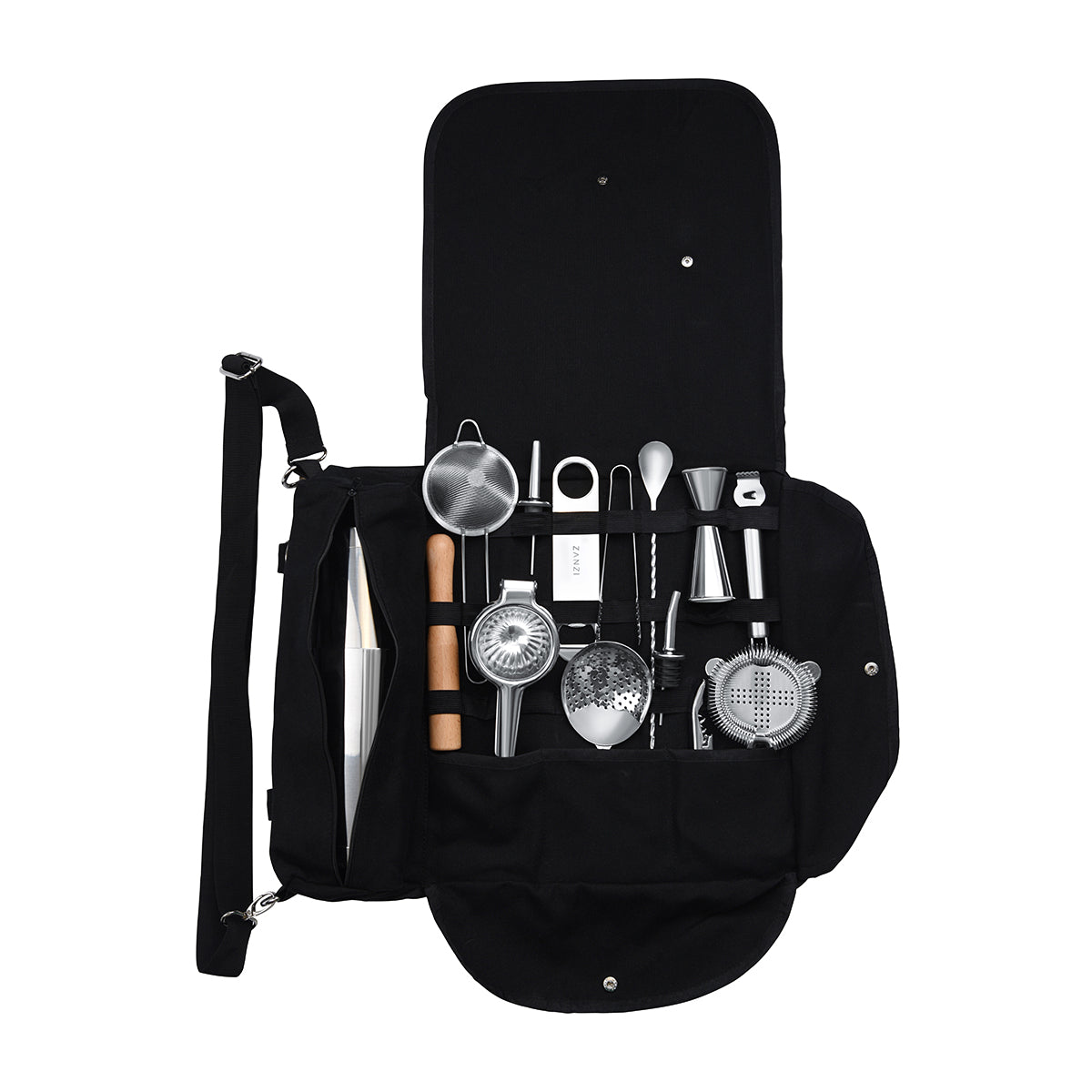 Z9020 Zanzi Cocktail Set 14pc Stainless Steel In Bartender Roll Tomkin Australia Hospitality Supplies