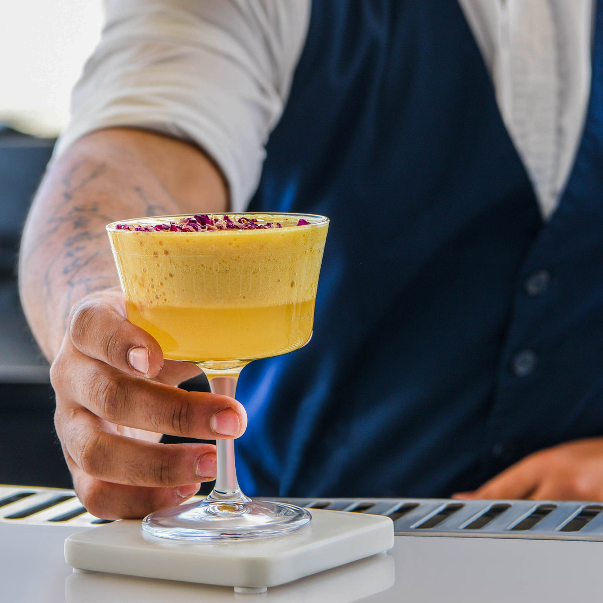 Zanzi Square Coaster White Marble 4pc Set Lifestyle Tomkin Australia Hospitality Supplies