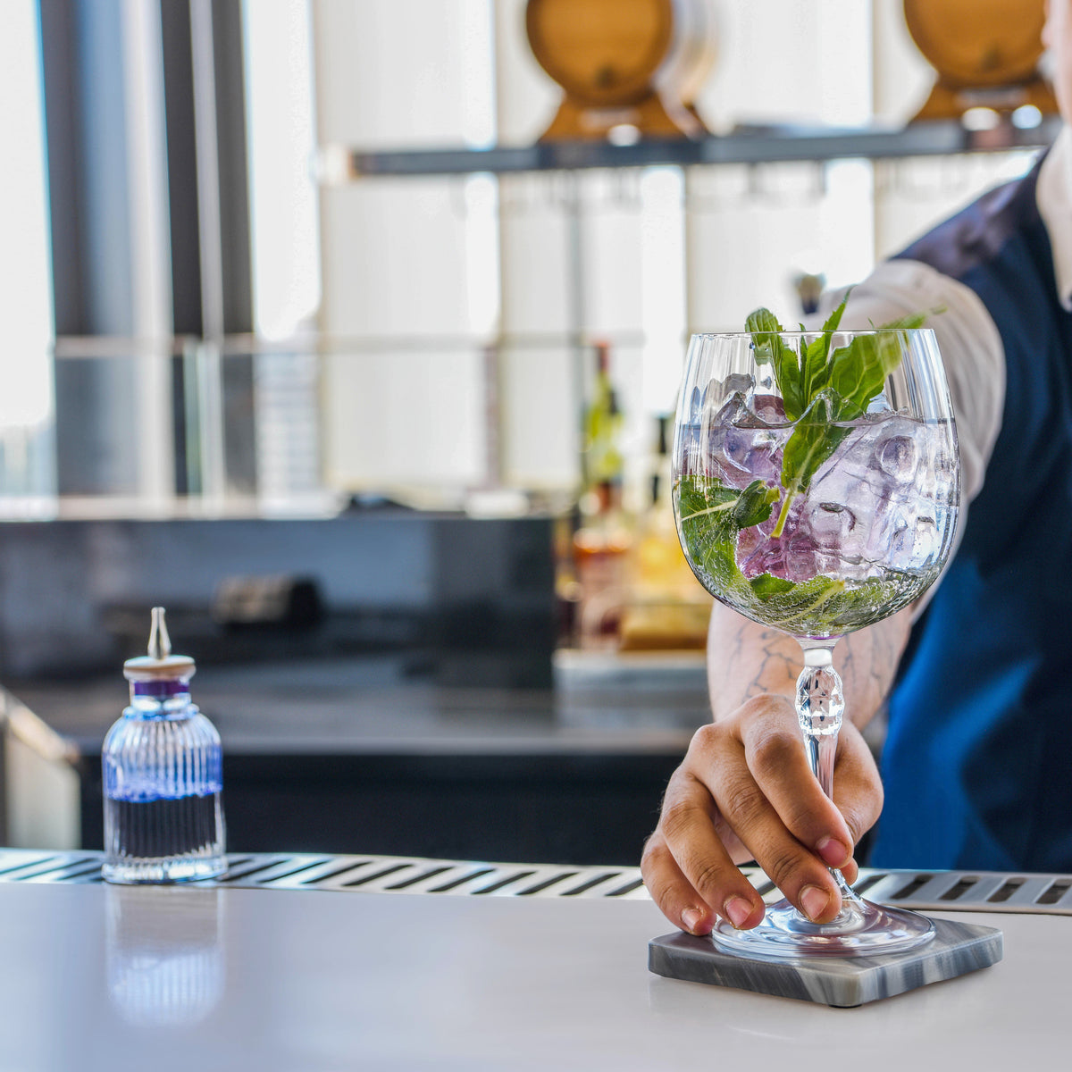 Zanzi Square Coaster Dark Grey Marble 4pc Set Lifestyle Tomkin Australia Hospitality Supplies