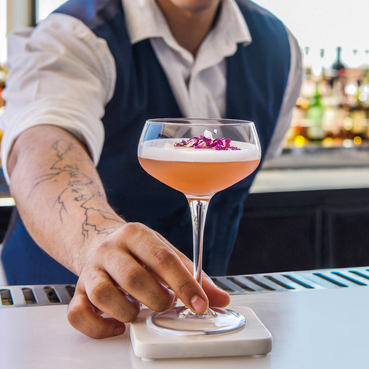 Zanzi Square Coaster White Marble 4pc Set Lifestyle Tomkin Australia Hospitality Supplies