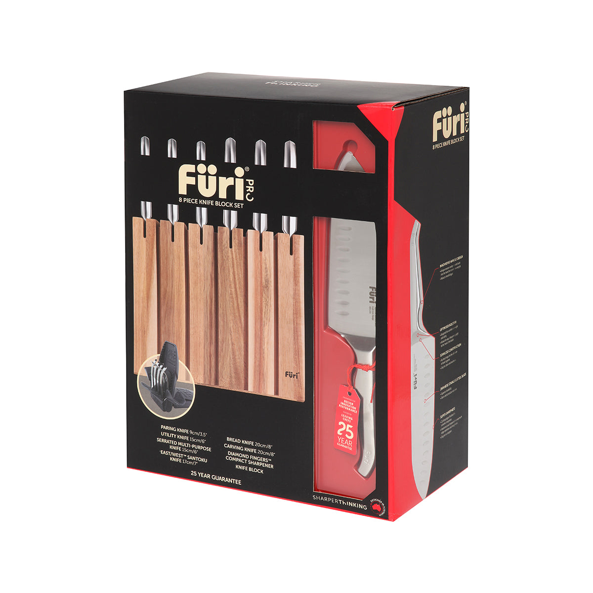 27135 Furi Pro Acacia Wood Knife Block Set 8pc Tomkin Australia Hospitality Supplies