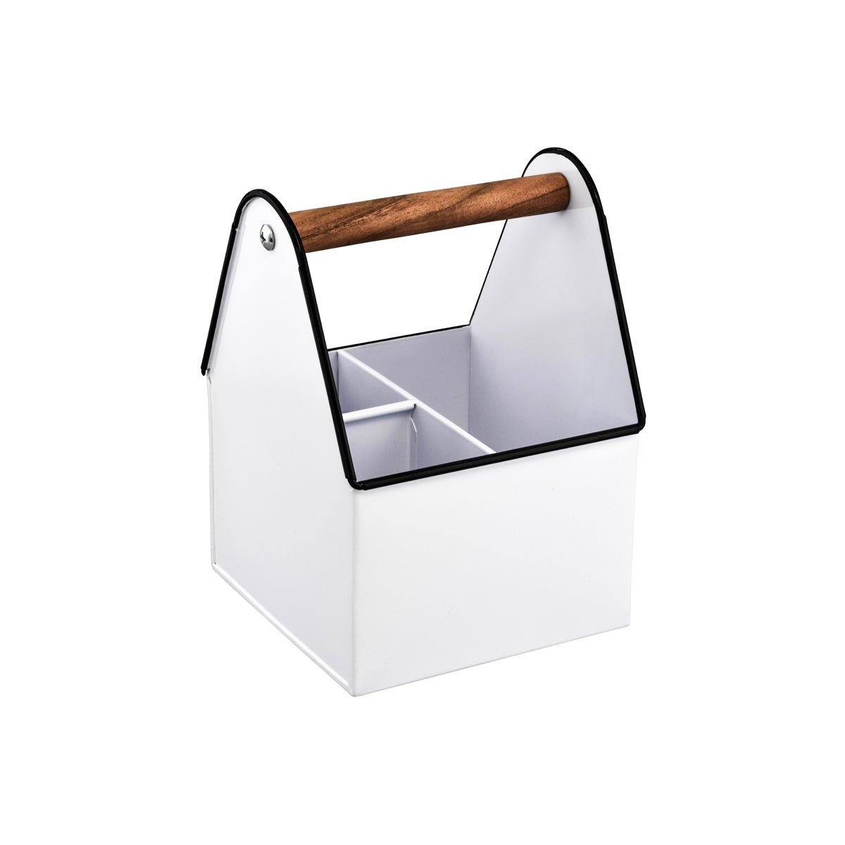 78775 Chef Inox Coney Island 3-Compartment Utensil Caddy White with Wood Handle 170x170x230mm Tomkin Australia Hospitality Supplies