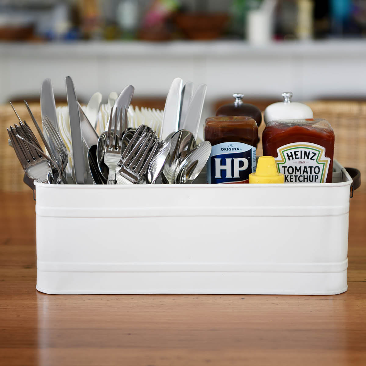 78808 Chef Inox Coney Island Creme Powder Coated 4 Compartment Caddy with Leather Handle 370x215mm Tomkin Australia Hospitality Supplies