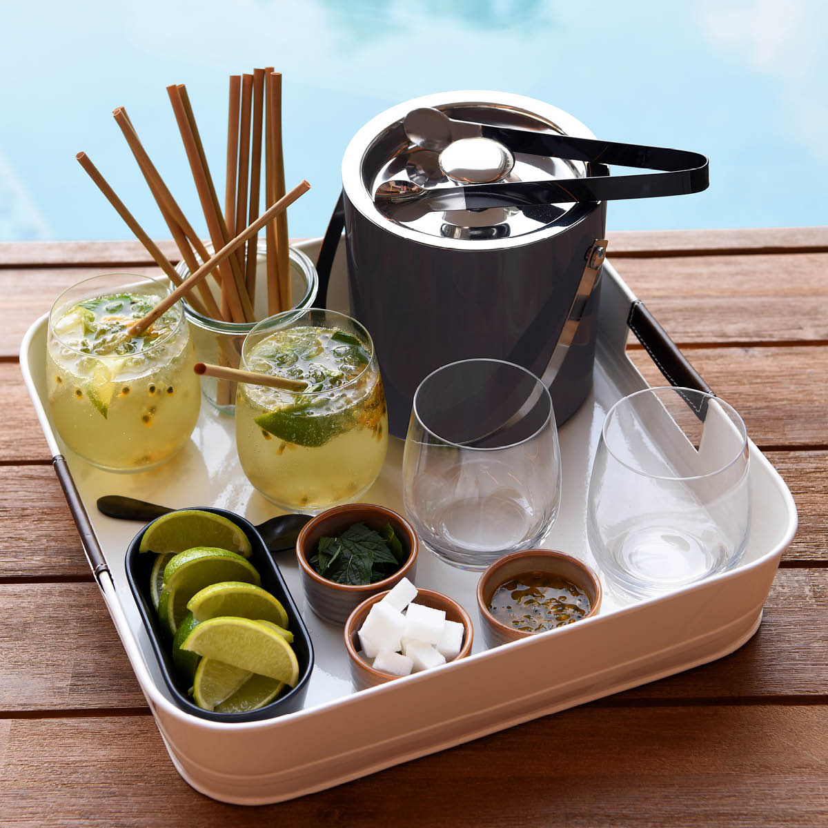 78830 Chef Inox Coney Island Creme Powder Coated Square Tray with Leather Handle 350x75mm Tomkin Australia Hospitality Supplies