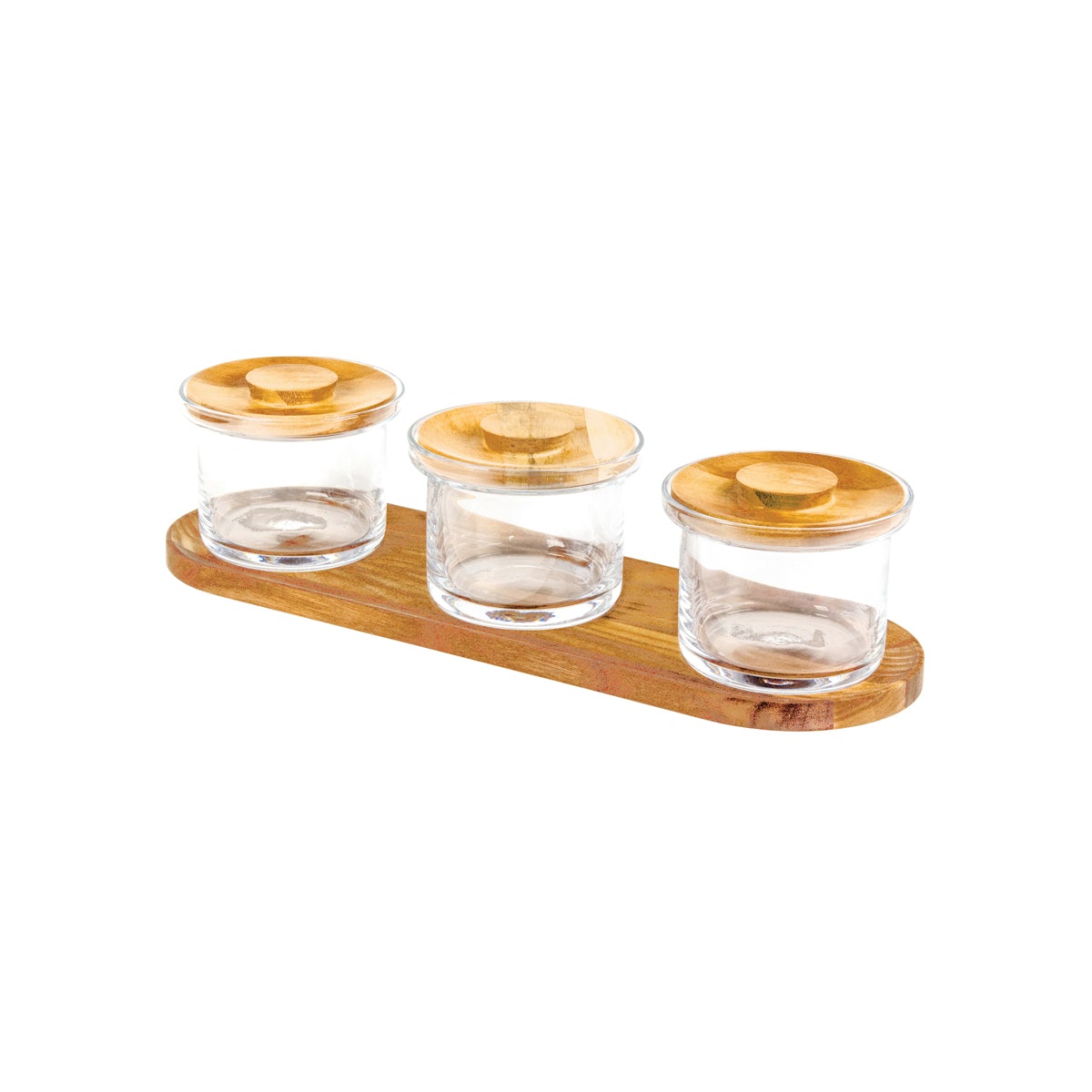 CRASTERSETGJO01 Craster Craster Tilt Oak Mini Glass Jar Set 3Pc with Base And Lids 125x95mm / 500ml Tomkin Australia Hospitality Supplies