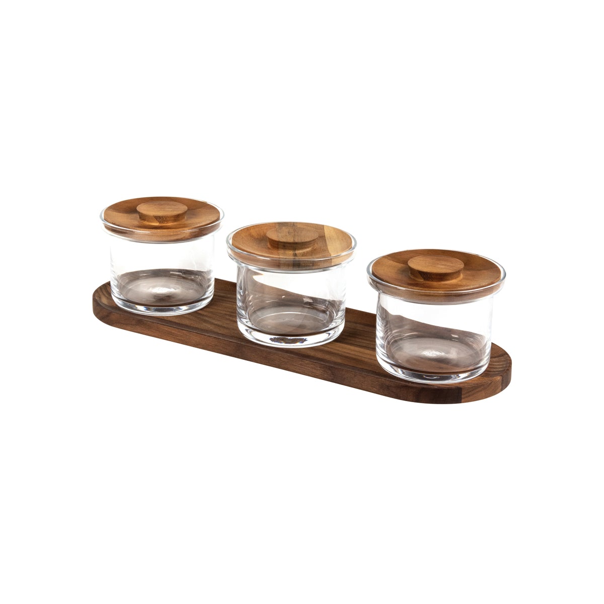 CRASTERSETGJW01 Craster Craster Tilt Walnut Mini Glass Jar Set 3Pc with Base And Lids 125x95mm / 500ml Tomkin Australia Hospitality Supplies