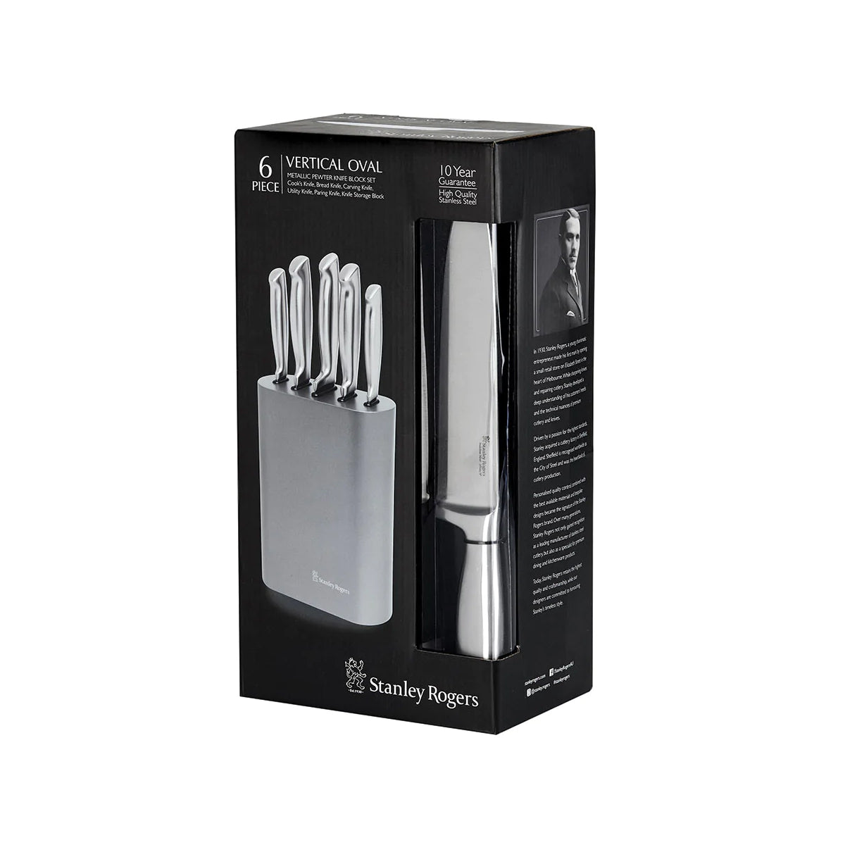 Vertical Oval Metallic Pewter 6pc Knife Block Set