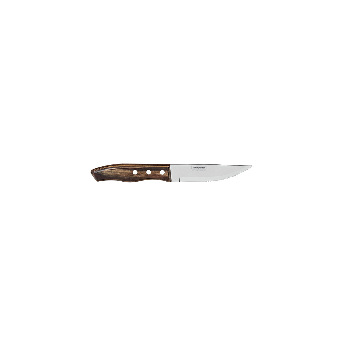 TM38299/007 Tramontina Churrasco Rio Grande Steak Knife Jumbo Serrated Wide Blade with Polywood Handle Brown 127mm With Reverse Logo Tomkin Australia Hospitality Supplies