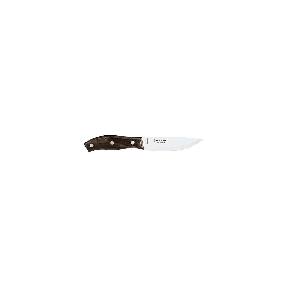 TM38599/245 Tramontina Churrasco Steak Knife Jumbo Serrated Wide Blade with Polywood Handle Brown 127mm With Reverse Logo Tomkin Australia Hospitality Supplies