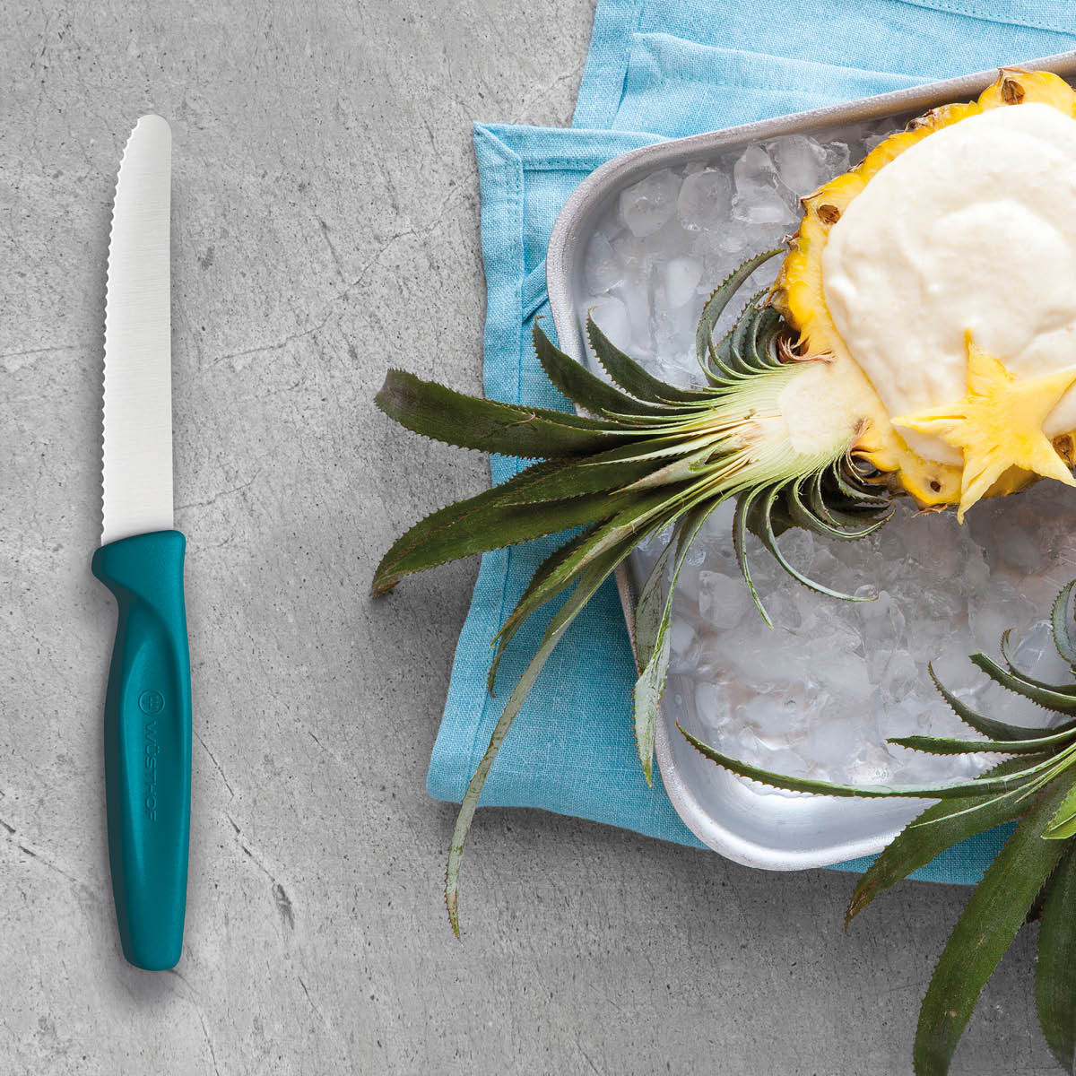 28493 Wusthof Create Serrated Paring Knife Blue Handle 100mm Tomkin Australia Hospitality Supplies